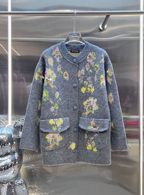 MBS.欧洲站新款慵懒奶奶风廓形宽松外套彩色花朵装饰百搭针织开衫