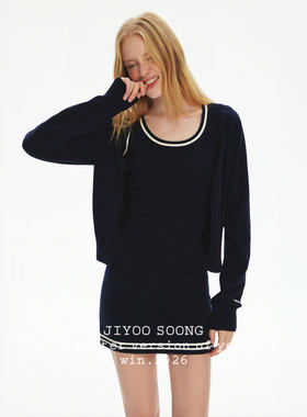 MBS.欧洲站新款JIYOOSOONG百搭藏青色长袖针织开衫慵懒风毛衣外套
