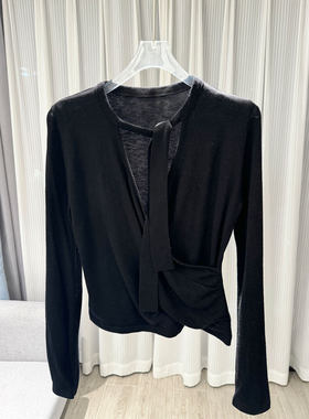 MBS.欧洲站新款法式蝴蝶结飘带长袖T恤洋气修身抽褶V领飘带针织衫