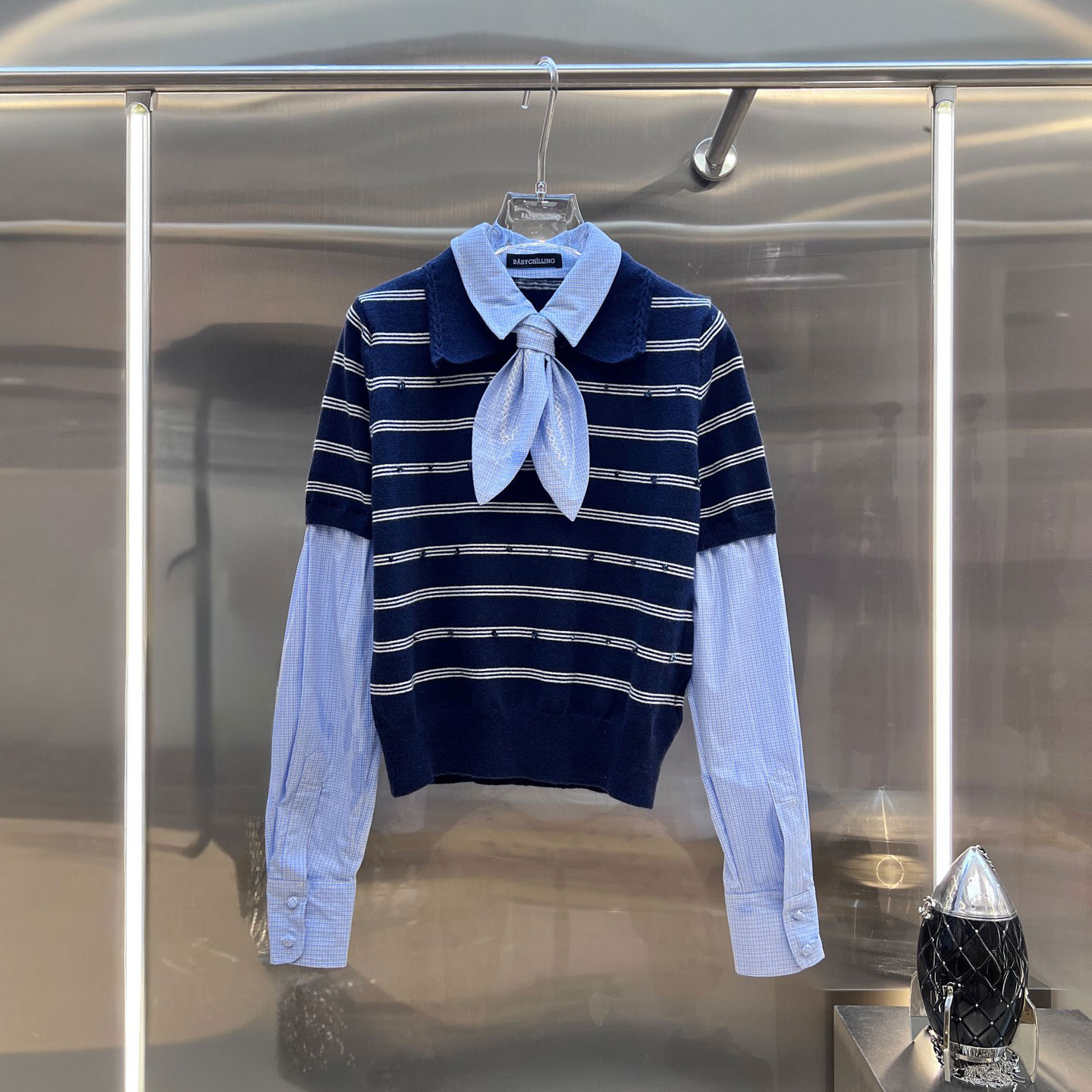 MBS.欧洲站新款学院千金风条纹假两件拼接针织衫蝴蝶结系带上衣女