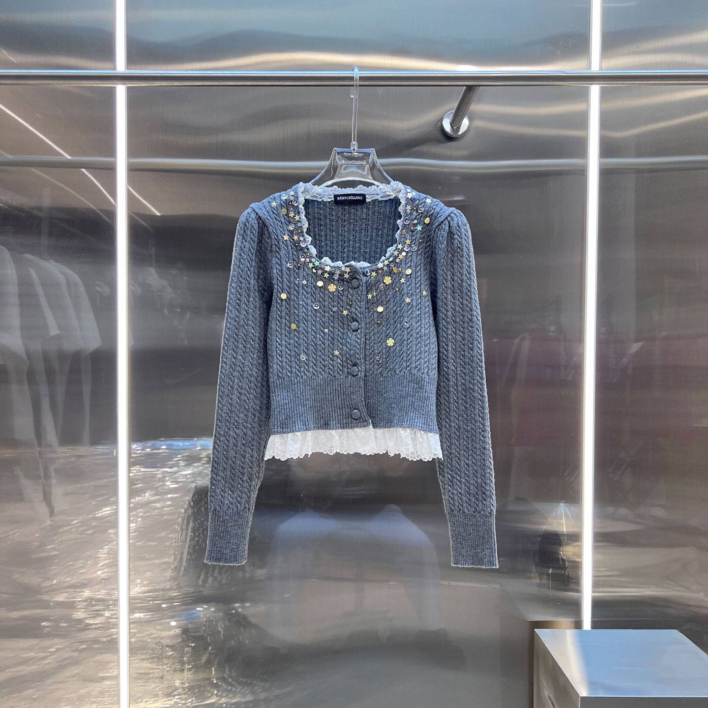 MBS.欧洲站新款南油高端千金名媛蕾丝边立体珠片刺绣针织毛衫开衫