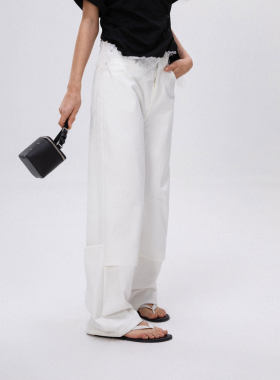 MBS.欧洲站新款FANLEONA高腰显瘦百搭长裤白色拼接解构百搭牛仔裤