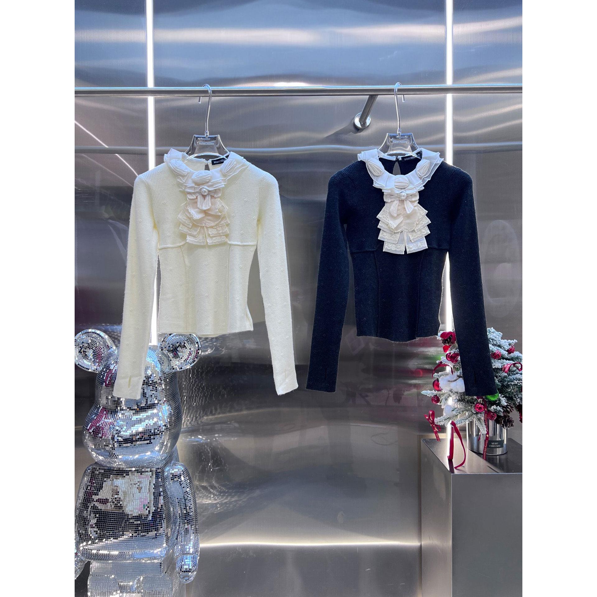 MBS.欧洲站新款英伦风玫瑰花可可毛衣荷叶边领结百搭针织长袖上衣