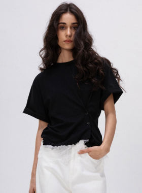 MBS.欧洲站新款FANLEONA侧边按扣拼接减龄上衣刺绣蕾丝短袖T恤女