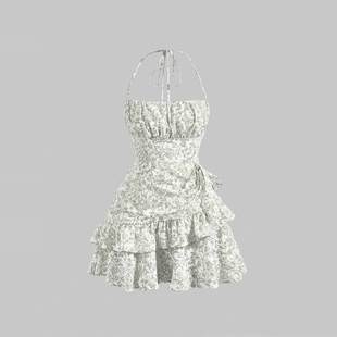 floral tie ruffle edge 挂脖系带碎花连衣裙 Hanging dress neck