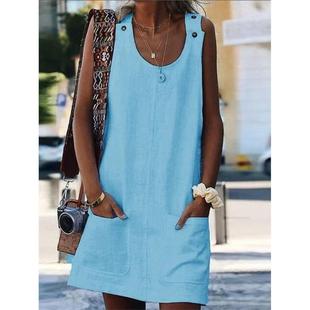 Linen Strap Dress Pocket Colors Cotton Yards裙子 Button
