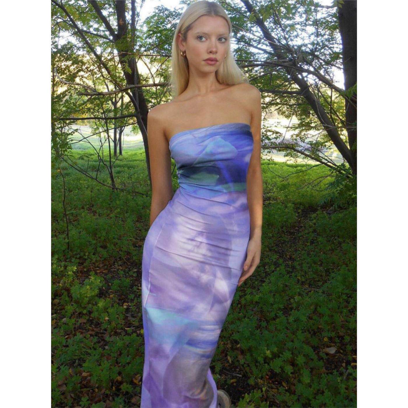 欧美夏季一字领抹胸紧身显瘦性感Sexy夜店无袖中长款连衣裙