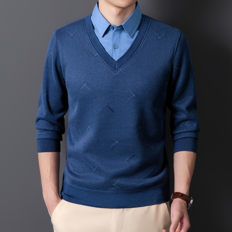 假两件衬衫男长袖加绒加厚中老年