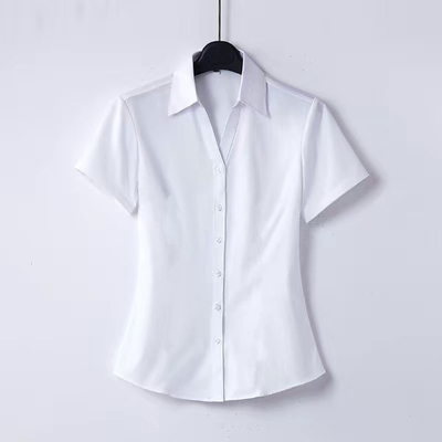 职业V领女装夏新款白色衬衫短袖酒店美容院正装工装工作服白衬衣