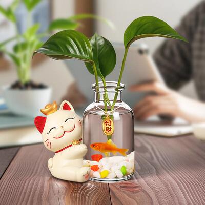 卡通招财猫家居办公桌装饰品摆件茶桌水培器皿植物花瓶插花小摆设