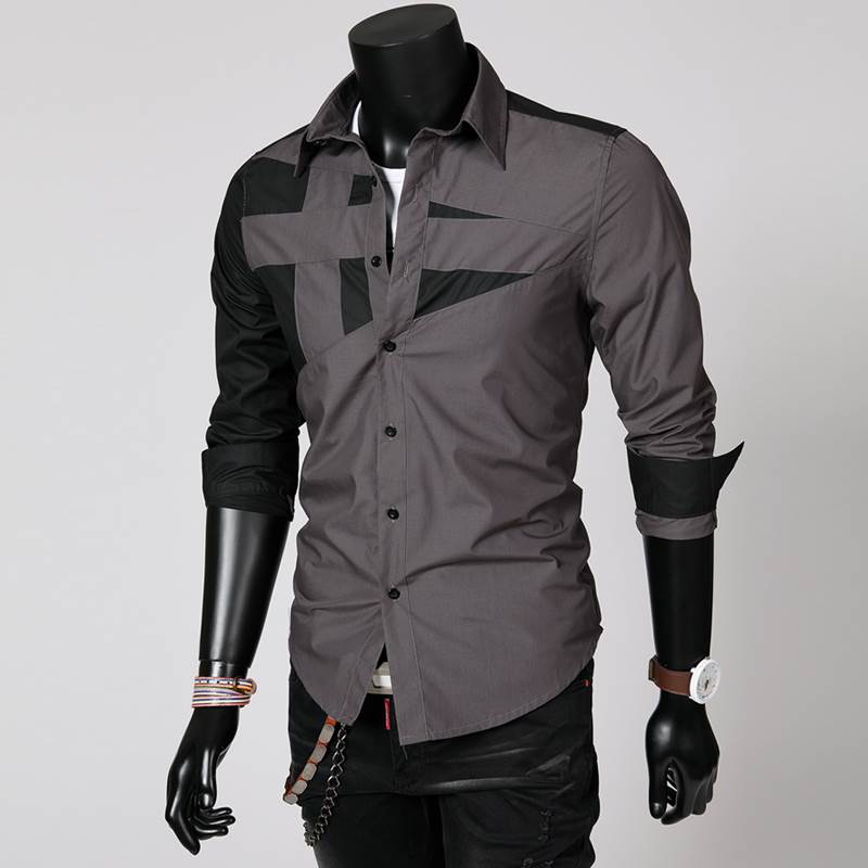 韩式风撞色长袖衬衫潮流修身男款衬衣黑色men s casual shirt top