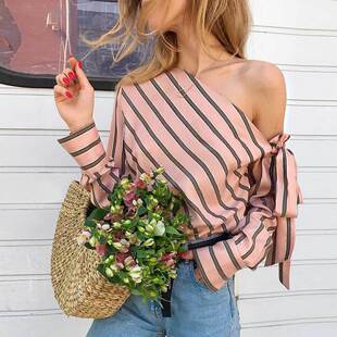 欧洲站欧美ins春秋露肩斜领长袖T恤条纹衬衫女渡假风绑带宽松上衣