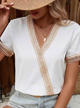 欧美气质夏季民族风女装宽松蕾丝镂空拼接V领白色短袖t恤T-shirt