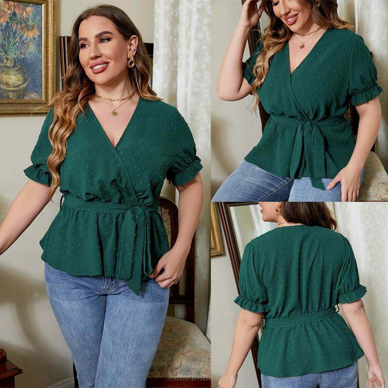 大码女装 plus size women shirts 夏季V领灯笼袖收腰显瘦衬衫