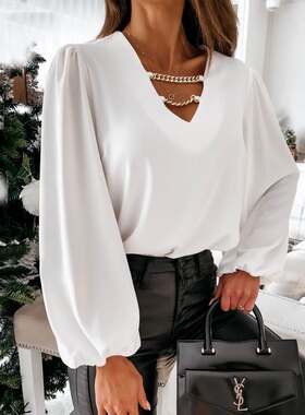 欧美风春宽松灯笼袖低领百搭链条长袖衬衣套头衬衫blouse shirt女