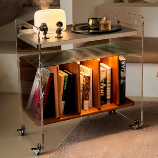 中覆古实木黑胶唱片扫地机器人窄置物架小户型移动床边几推车柜子