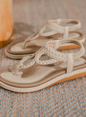 22夏季新款欧美编织舒适大码女凉鞋休闲平底简约PU百搭轻便耐磨软