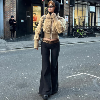 欧美豹纹拼接低腰露脐微喇裤