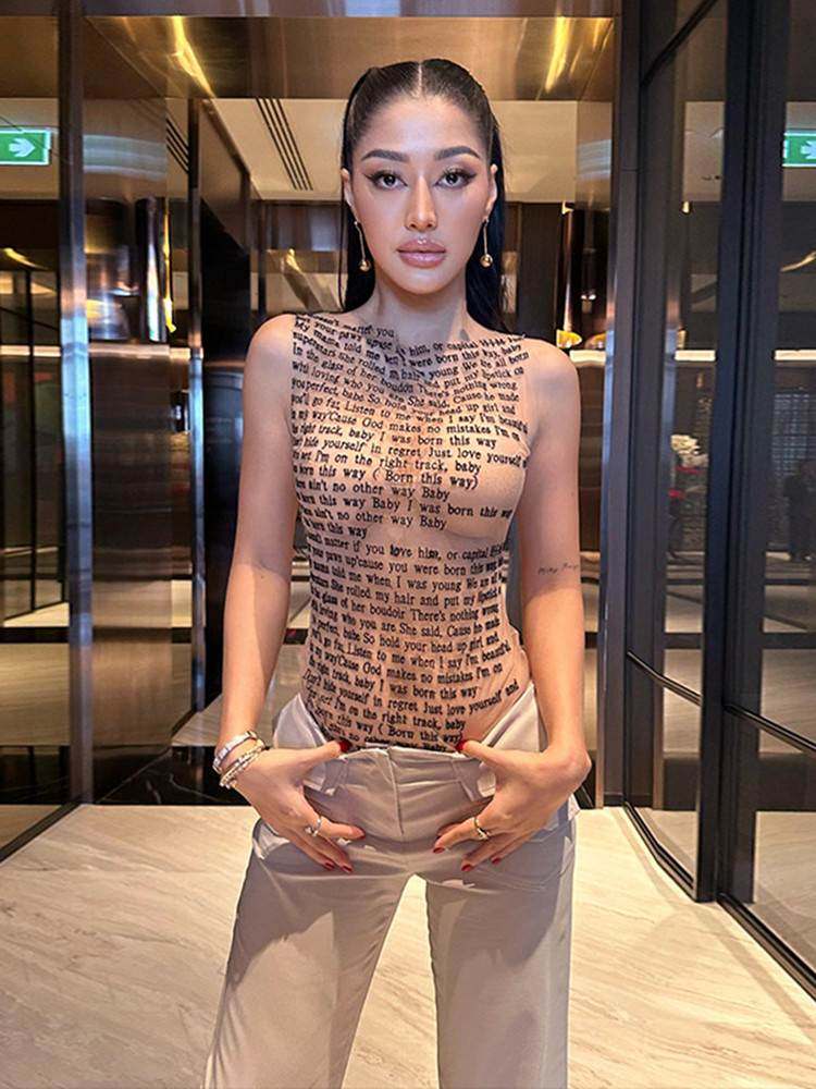 Ahagaga 时尚街头字母印花修身无袖t恤辣妹网纱透视欧美圆领上衣