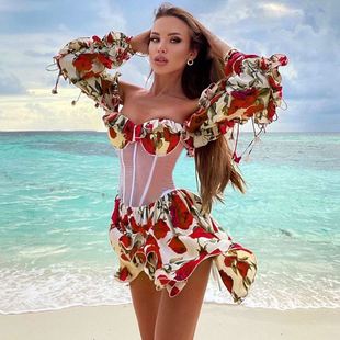 时尚气质束腰透视感印花一字肩连衣裙欧美休闲度假风夏季高级短裙