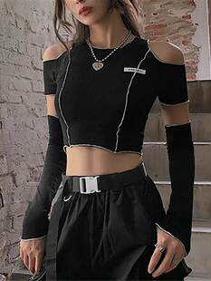 露肩t恤女甜酷风爵士舞蹈小众设计感短款辣妹jazz上衣女团打歌服