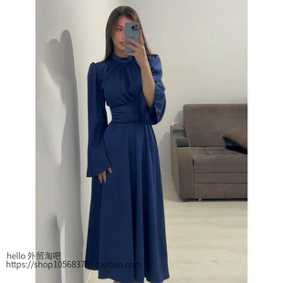 欧美风新款绑带收腰纯色连衣裙 Half high neckline tie up dress