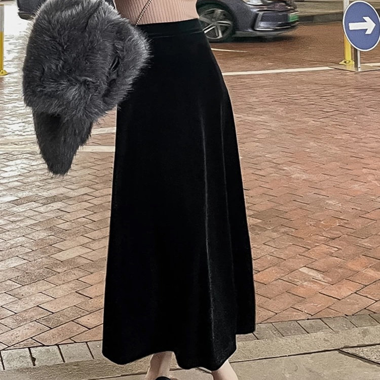 欧货金丝绒半身裙女2025新款秋冬高腰垂感A字裙洋气