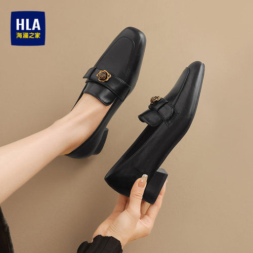 HLA/海澜之家2026夏季新款一脚蹬女鞋黑色英伦风皮鞋女单鞋乐福鞋