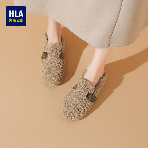 HLA/海澜之家勃肯鞋女鞋秋冬新款鞋子加绒保暖外穿一脚蹬毛毛拖鞋