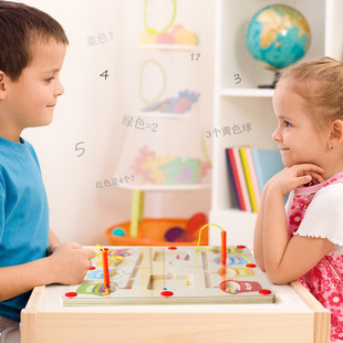 儿童木制颜色分类对战运笔迷宫磁笔走珠移位双人对战益智玩具游戏