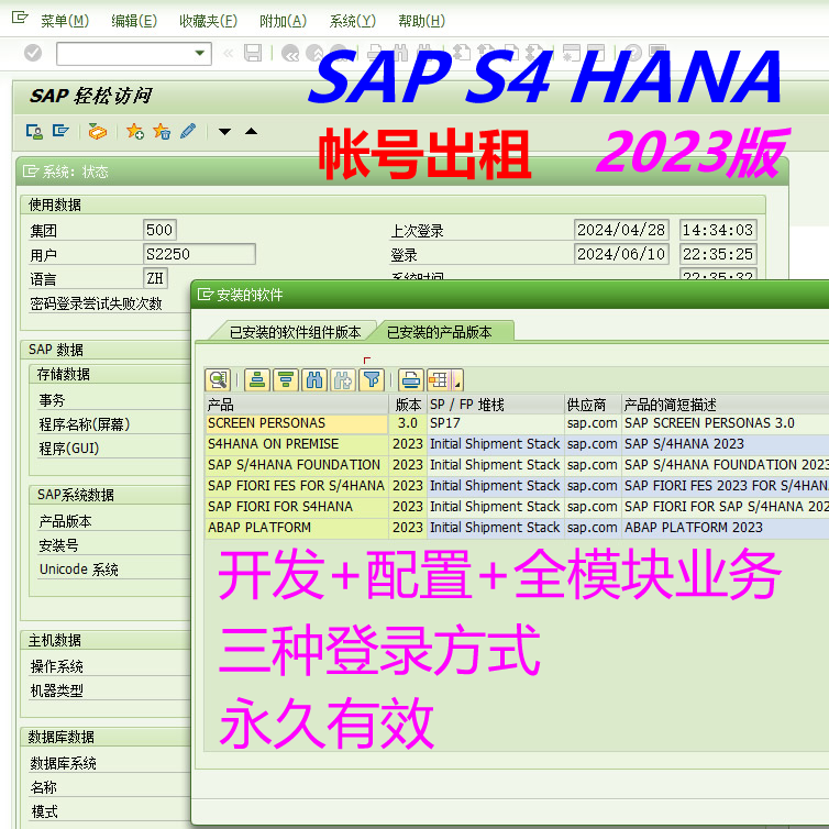SAP S4H 2023版帐号出租永久有效开发配置全模块业务多种登录方式