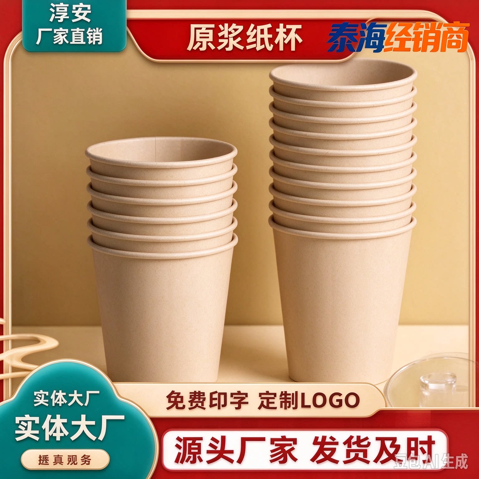 一件代付牛皮纸本色无印刷纸杯加厚一次性纸杯家用商用加印LOGO