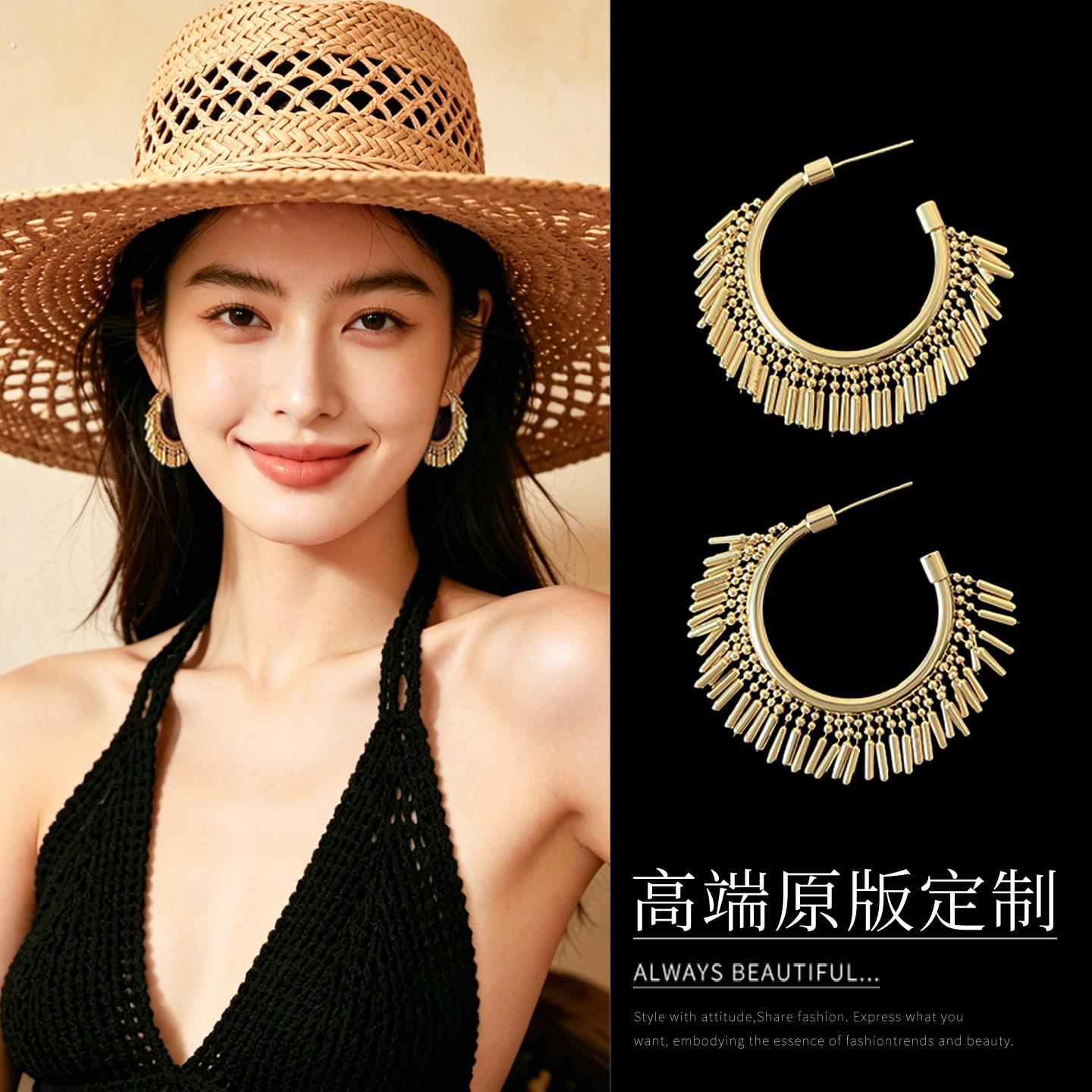 复古高级感波西米亚民族风夸张流苏耳圈方圆脸显脸小耳环耳饰女夏