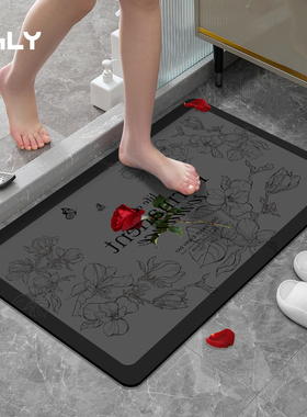 OGLY玫瑰花浴室地垫硅藻泥软垫耐脏防滑脚垫卫生间门口地垫吸水垫