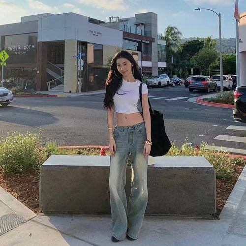 易梦玲同款黄泥脏洗复古牛仔裤