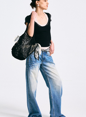 Howwell 25SS蕾丝假两件短袖女春拼接设计感T恤