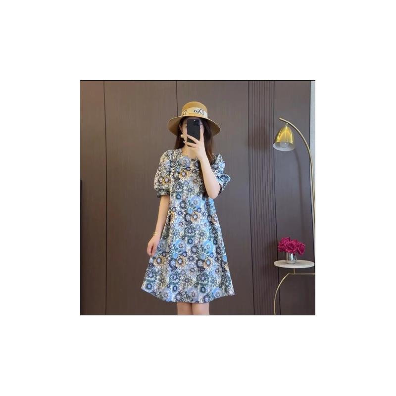 泡泡袖夏季夏天碎花圆领连衣裙时尚中长款气质印花裙子显瘦