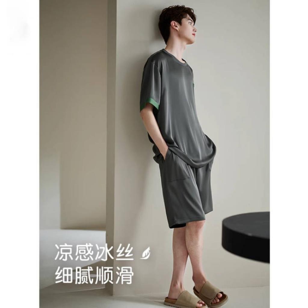 高端2025新款真丝绸睡衣男款夏季夏天冰丝短袖短裤简约家居服套装