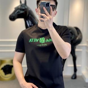 潮牌寬松字母燙鉆冰絲半袖 男 圓領絲光棉T恤男士 歐貨高端簡約短袖