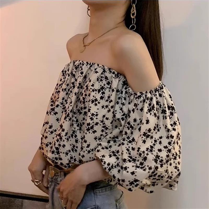 法式纯欲风碎花一字肩衬衫短袖女夏季露肩性感抹胸设计感小众上衣