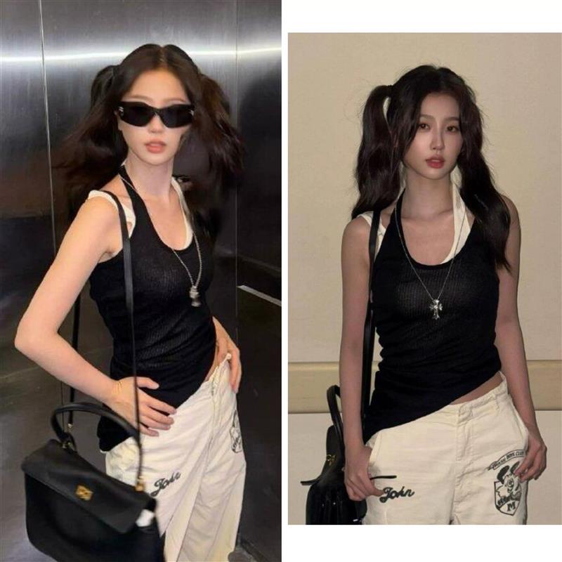 虞书欣同款拼色假两件露肩无袖吊带背心女夏修身显瘦休闲百搭上衣