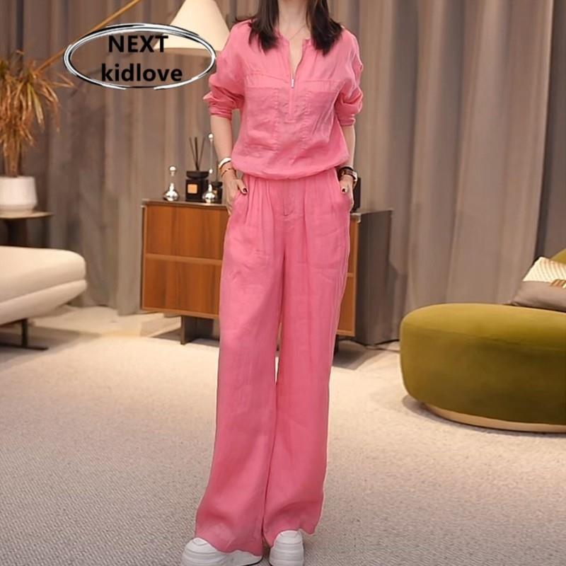 香港苎麻衬衫套装女春夏季款洋气休闲宽松棉麻上衣阔腿裤两件套女