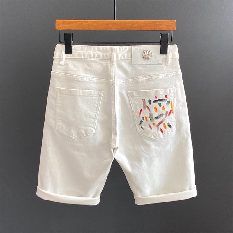 高端夏季新款白色涂鸦印花牛仔短裤男潮牌百搭弹力休闲时尚五分裤