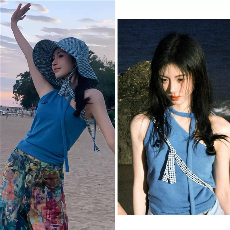 鞠婧祎明星同款蓝色斜领挂脖系带露肩短款背心女设计感外套上衣潮