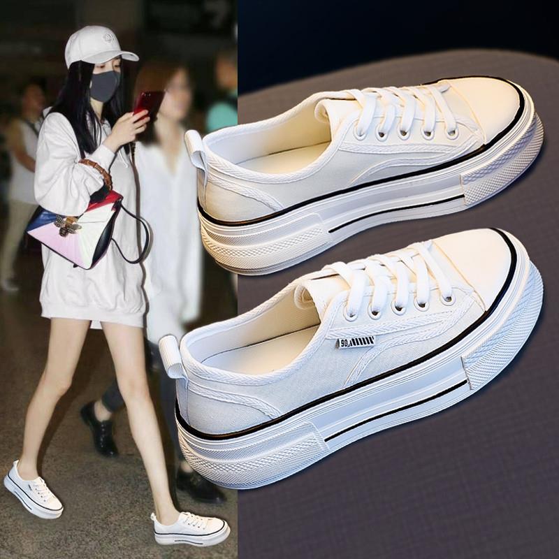 厚底小白鞋女鞋2025春秋新款白色帆布鞋松糕韩版休闲板鞋网红布鞋