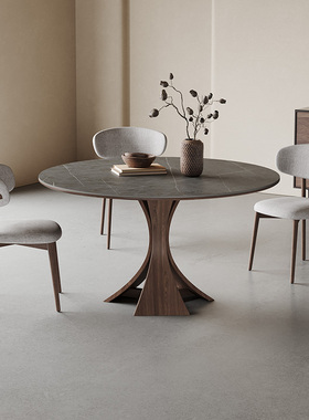 奥古斯特实木岩板餐桌圆桌小户型1.2米家用意式极简灰色岩板餐桌