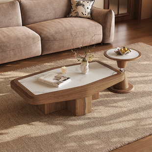 奥古斯特中古风实木茶几微晶石台面家用客厅大小户型大小茶桌组合