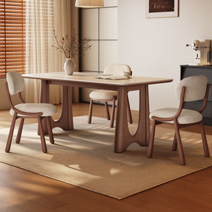 中古风胡桃色实木餐桌组合长方形现代简约小户型家用纯白岩板饭桌