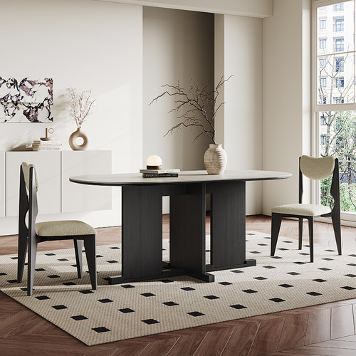 洞石岩板实木餐桌法式复古风