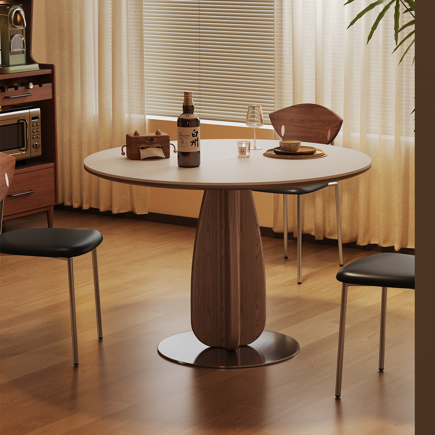 胡桃色餐桌椅2026新款家用轻奢包豪斯复古风圆形全托实木岩板餐桌
